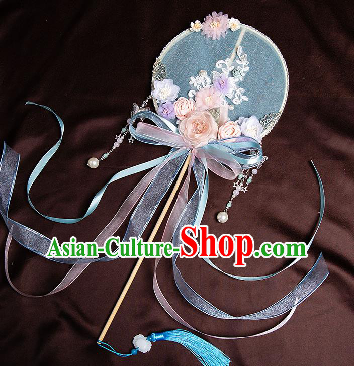 Chinese Handmade Silk Rose Flowers Palace Fans Classical Fans Ancient Bride Props Ribbon Round Fans