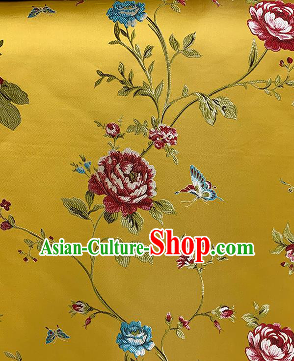 Chinese Traditional Butterfly Peony Pattern Yellow Silk Fabric Brocade Drapery Hanfu Dress Damask Material