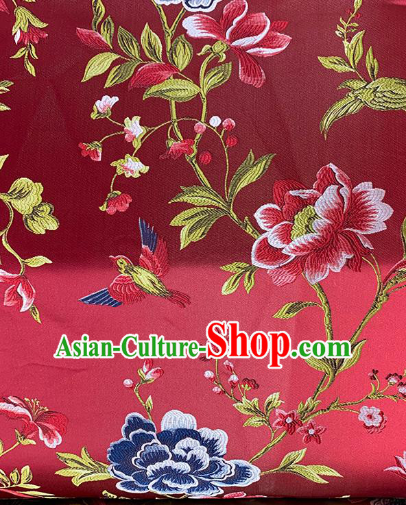 Chinese Traditional Peony Birds Pattern Red Silk Fabric Brocade Drapery Hanfu Dress Damask Material