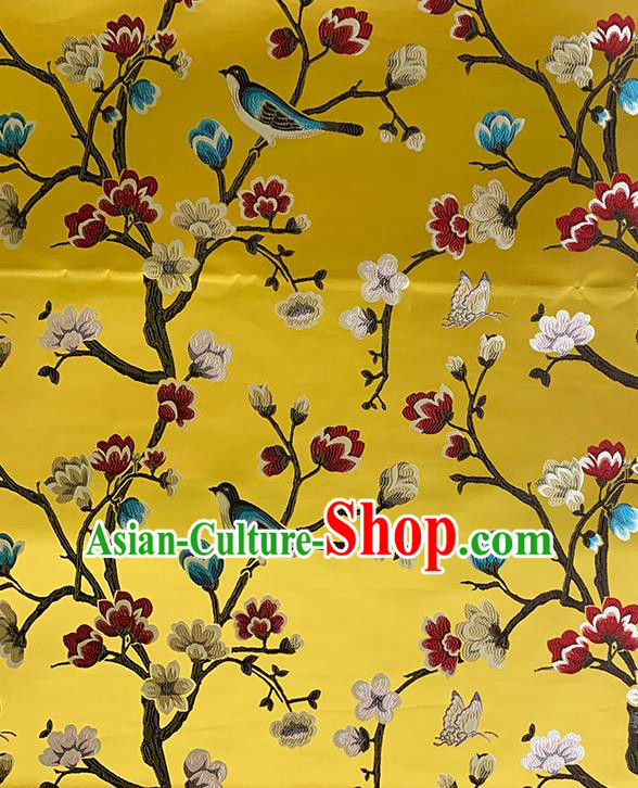 Chinese Traditional Magpie Plum Pattern Yellow Silk Fabric Brocade Drapery Hanfu Dress Damask Material