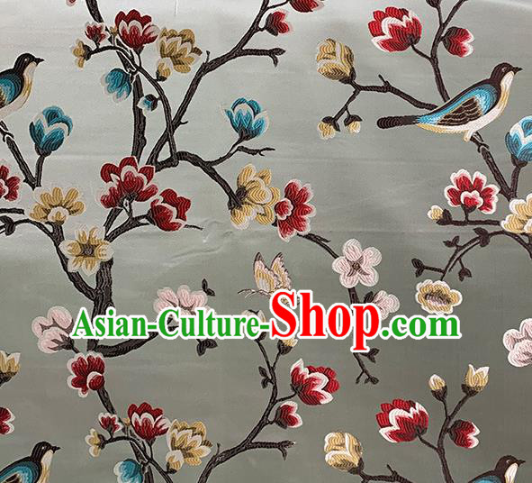 Chinese Traditional Magpie Plum Pattern Grey Silk Fabric Brocade Drapery Hanfu Dress Damask Material