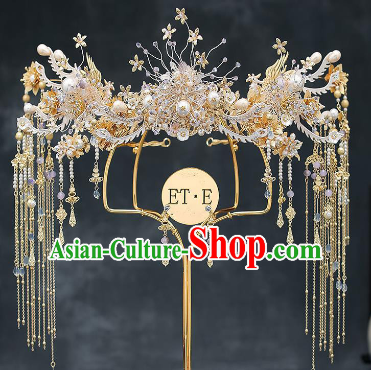 Chinese Handmade Golden Tassel Hair Crown Classical Wedding Hair Accessories Ancient Bride Phoenix Coronet Hairpins Complete Set