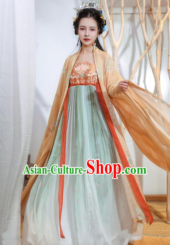 Chinese Tang Dynasty Princess Historical Costumes Traditional Ancient Hanfu Apparels Embroidered Cape and Dress Full Set