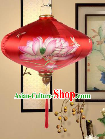 Chinese Traditional Printing Lotus Red Silk Palace Lanterns Handmade Hanging Lantern New Year Classical Lamp