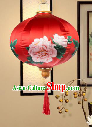 Chinese Traditional Printing Peony Red Palace Lanterns Handmade Ceiling Lantern New Year Classical Festive Lamp