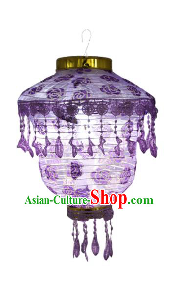 Chinese Traditional Printing Rose Purple Cloth Palace Lanterns Handmade Hanging Lantern Classical Festive New Year Lace Lamp