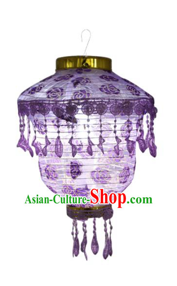 Chinese Traditional Printing Rose Purple Cloth Palace Lanterns Handmade Hanging Lantern Classical Festive New Year Lace Lamp