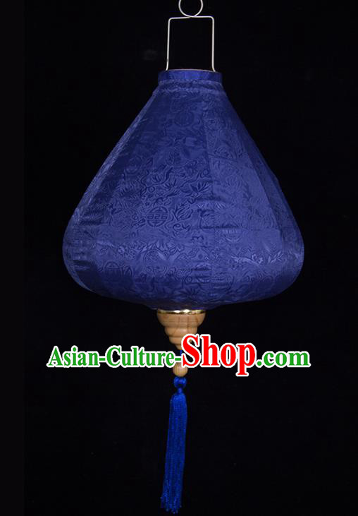 Chinese Traditional Lucky Pattern Deep Blue Silk Palace Lanterns Handmade Hanging Lantern Classical Festive New Year Tulip Lamp
