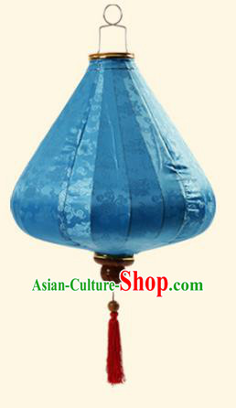 Chinese Traditional Lucky Pattern Blue Silk Palace Lanterns Handmade Hanging Lantern Classical Festive New Year Tulip Lamp