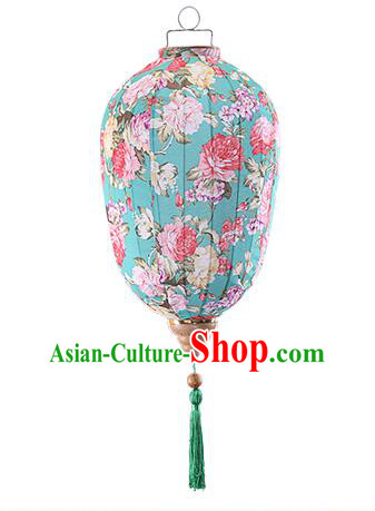 Chinese Traditional Printing Peony Light Blue Palace Lanterns Handmade Hanging Lantern Classical Festive New Year Lamp