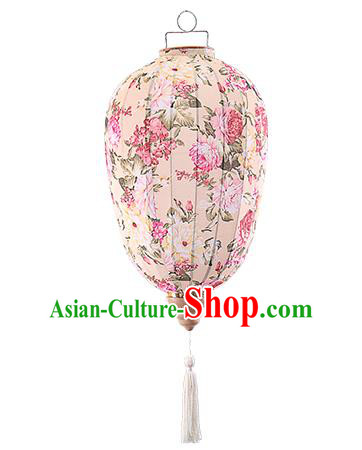 Chinese Traditional Printing Peony Beige Palace Lanterns Handmade Hanging Lantern Classical Festive New Year Lamp