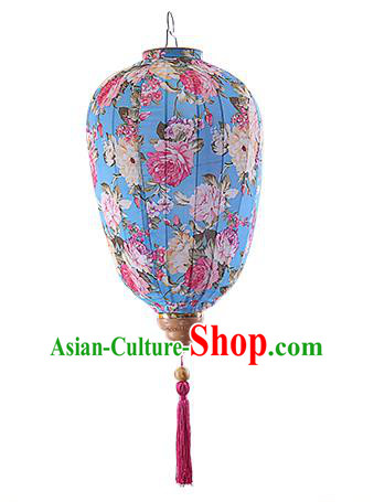 Chinese Traditional Printing Peony Blue Palace Lanterns Handmade Hanging Lantern Classical Festive New Year Lamp