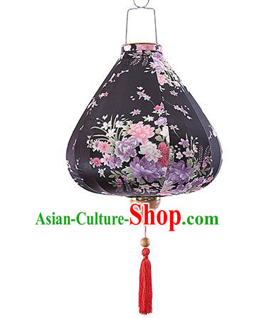 Chinese Traditional Printing Daffodil Black Palace Lanterns Handmade Hanging Lantern Classical Festive New Year Satin Lamp