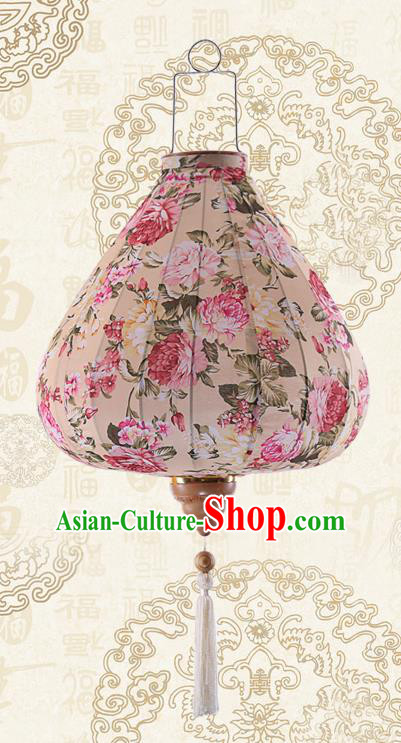 Chinese Traditional Printing Roses Beige Palace Lanterns Handmade Hanging Lantern Classical Festive New Year Satin Lamp
