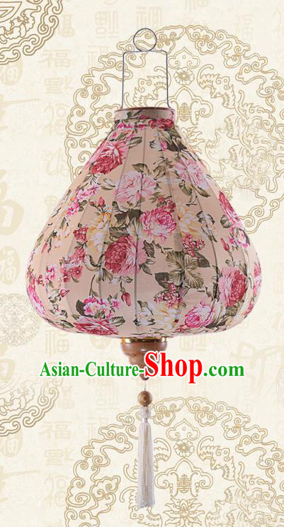 Chinese Traditional Printing Roses Beige Palace Lanterns Handmade Hanging Lantern Classical Festive New Year Satin Lamp