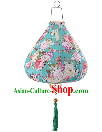 Chinese Traditional Printing Roses Green Palace Lanterns Handmade Hanging Lantern Classical Festive New Year Satin Lamp