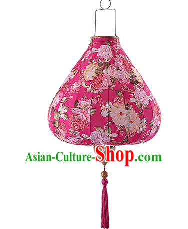 Chinese Traditional Printing Roses Rosy Palace Lanterns Handmade Hanging Lantern Classical Festive New Year Satin Lamp