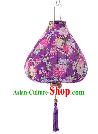Chinese Traditional Printing Roses Purple Palace Lanterns Handmade Hanging Lantern Classical Festive New Year Satin Lamp