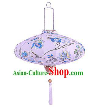 Chinese Traditional Ink Painting Blue Flowers Palace Lanterns Handmade Hanging Lantern Festive New Year Classical Saucer Lamp