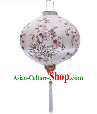 Chinese Handmade Printing Flowers White Satin Palace Lanterns Traditional New Year Hanging Lantern Classical Mid Autumn Festival Lamp