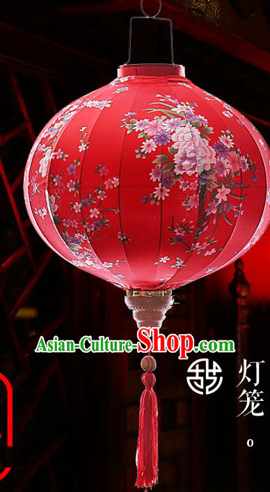 Chinese Handmade Printing Flowers Red Satin Palace Lanterns Traditional New Year Hanging Lantern Classical Mid Autumn Festival Lamp