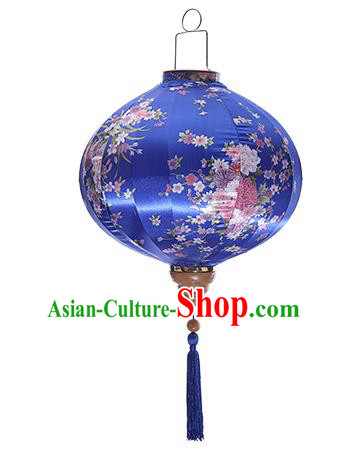 Chinese Handmade Printing Sakura Blue Satin Palace Lanterns Traditional New Year Lantern Classical Mid Autumn Festival Lamp