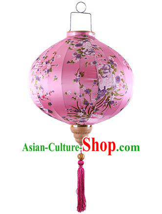 Chinese Handmade Printing Sakura Pink Satin Palace Lanterns Traditional New Year Lantern Classical Mid Autumn Festival Lamp