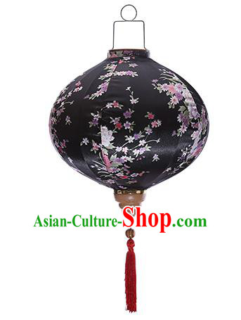 Chinese Handmade Printing Sakura Black Satin Palace Lanterns Traditional New Year Lantern Classical Mid Autumn Festival Lamp