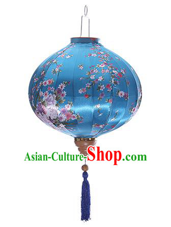 Chinese Handmade Printing Sakura Blue Satin Palace Lanterns Traditional New Year Lantern Classical Mid Autumn Festival Lamp