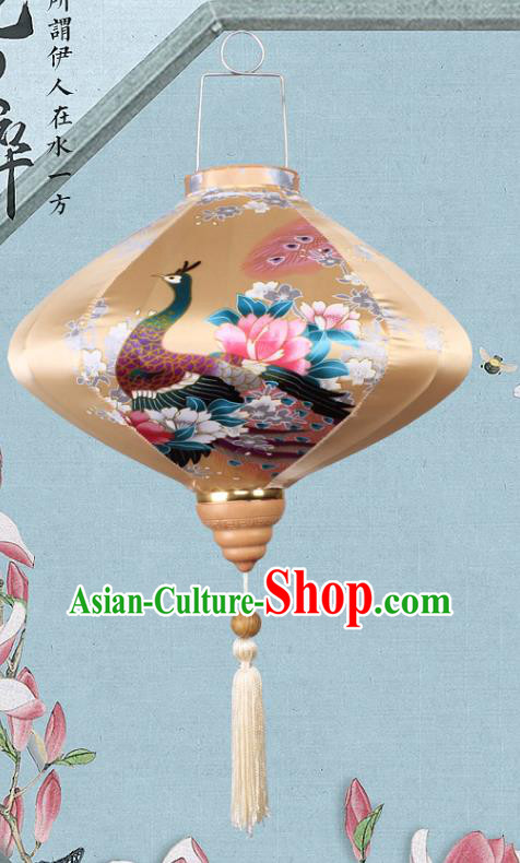 Handmade Chinese Printing Peacock Yellow Palace Lanterns Traditional New Year Lantern Classical Festival Satin Lamp