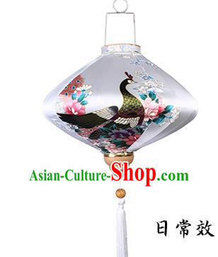 Handmade Chinese Printing Peacock White Palace Lanterns Traditional New Year Lantern Classical Festival Satin Lamp