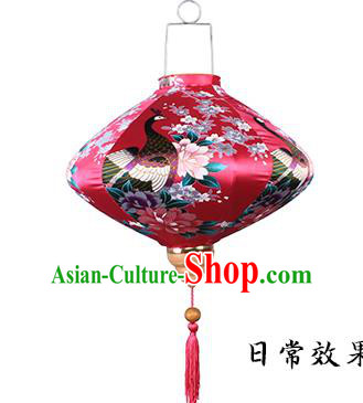 Handmade Chinese Printing Peacock Red Satin Palace Lanterns Traditional New Year Lantern Classical Festival Silk Lamp