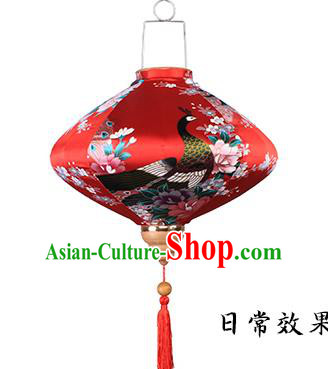 Handmade Chinese Printing Peacock Maroon Satin Palace Lanterns Traditional New Year Lantern Classical Festival Silk Lamp