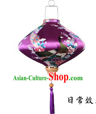 Handmade Chinese Printing Peacock Purple Satin Palace Lanterns Traditional New Year Lantern Classical Festival Silk Lamp