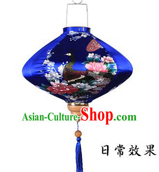 Handmade Chinese Printing Peacock Royalblue Satin Palace Lanterns Traditional New Year Lantern Classical Festival Silk Lamp