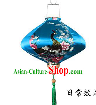 Handmade Chinese Printing Peacock Blue Satin Palace Lanterns Traditional New Year Lantern Classical Festival Silk Lamp