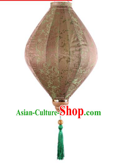 Chinese Handmade Brown Satin Palace Lanterns Traditional Festive Hanging Lantern New Year Classical Jacquard Cloth Lamp
