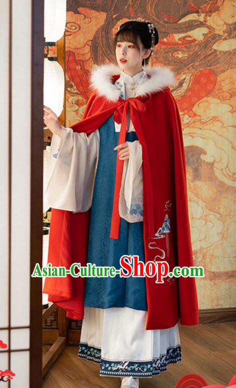 Chinese Traditional Ancient Royal Princess Hanfu Cape Apparels Ming Dynasty Historical Costumes Embroidered Red Woolen Cloak