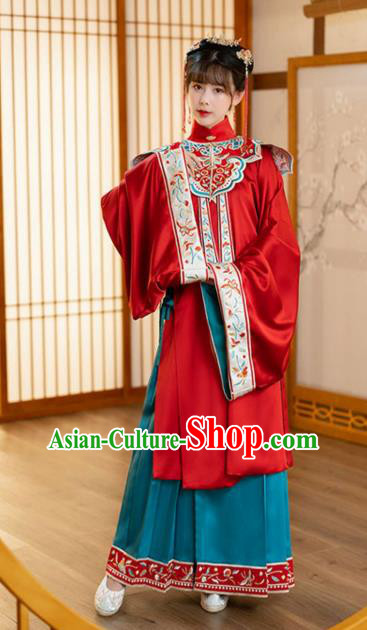 Chinese Ancient Ming Dynasty Nobility Female Historical Costumes Traditional Hanfu Apparels Embroidered Red and Blue Skirt