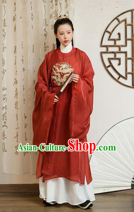 Chinese Traditional Song Dynasty Historical Costumes Ancient Scholar Hanfu Apparels Embroidered Red Robe and Undergarments for Men