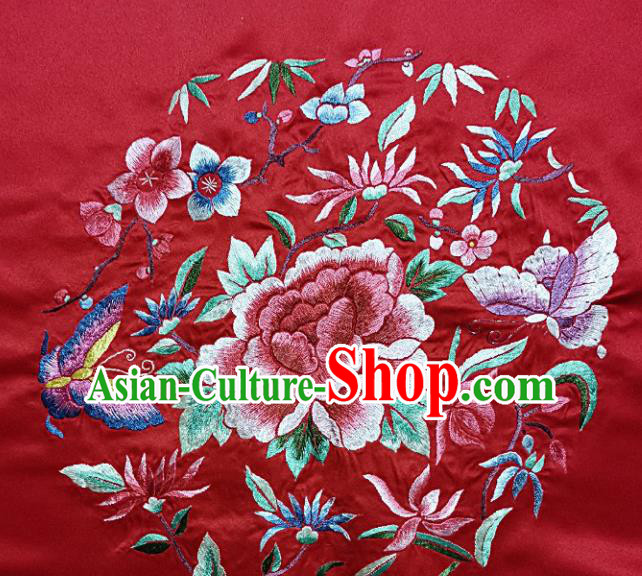 Traditional Chinese Embroidered Peony Butterfly Fabric Hand Embroidering Dress Round Applique Embroidery Red Silk Patches Accessories