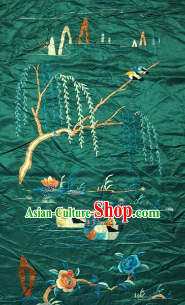 Traditional Chinese Embroidered Mandarin Duck Fabric Hand Embroidering Dress Applique Embroidery Deep Green Silk Patches Accessories