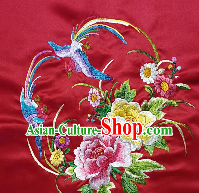 Traditional Chinese Embroidered Peony Birds Fabric Hand Embroidering Dress Round Applique Embroidery Red Silk Patches Accessories