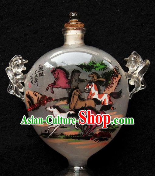 Chinese Handmade Snuff Bottle with Handles Traditional Inside Painting Horses Snuff Bottles Artware