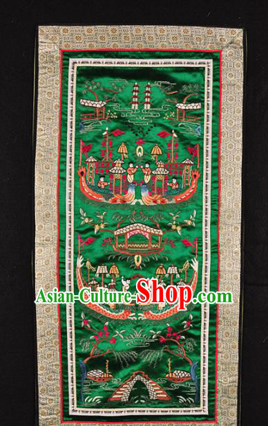 Traditional Chinese Embroidered Dragon Boat Race Decorative Painting Hand Embroidery Green Silk Picture Craft