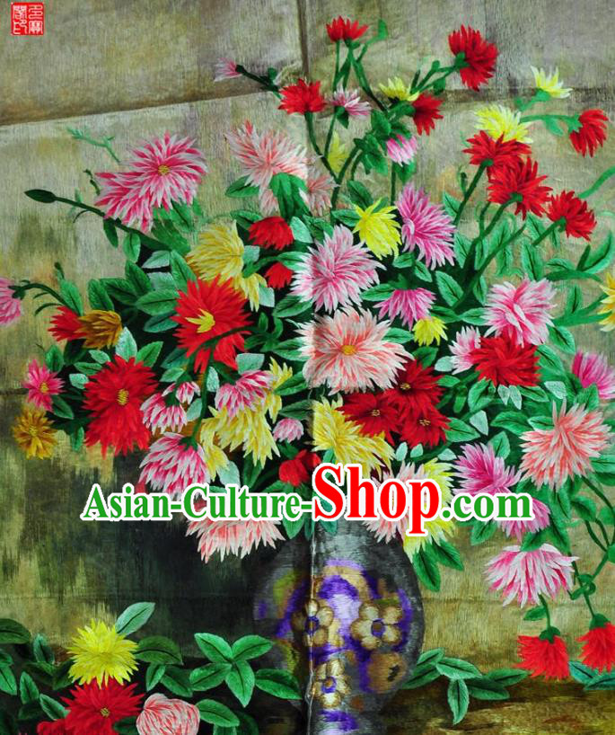 Traditional Chinese Embroidered Flowers Vase Decorative Painting Hand Full Embroidery Silk Wall Picture Craft