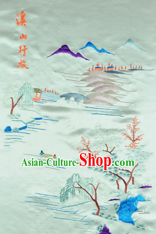 Traditional Chinese Embroidered Landscape Decorative Painting Hand Embroidery Light Blue Silk Picture Craft