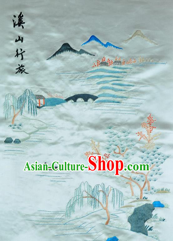 Traditional Chinese Embroidered Mountain Perch Decorative Painting Hand Embroidery Light Blue Silk Picture Craft