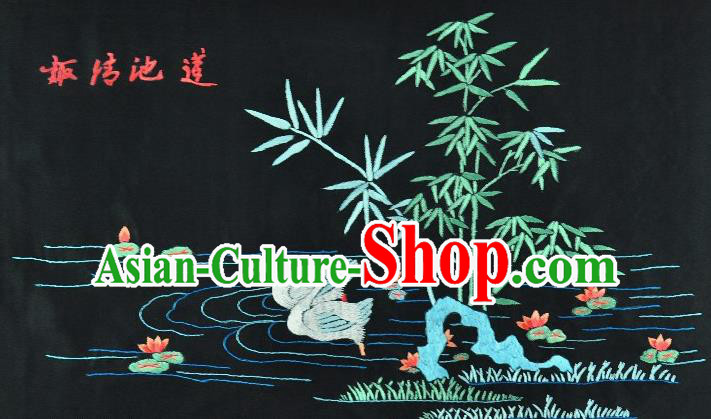 Traditional Chinese Embroidered Duke Lotus Bamboo Decorative Painting Hand Embroidery Black Picture Craft