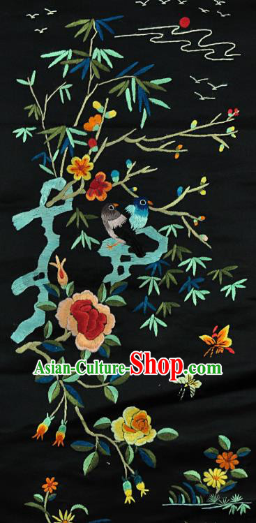 Traditional Chinese Embroidered Plum Peony Decorative Painting Hand Embroidery Birds Black Silk Picture Craft